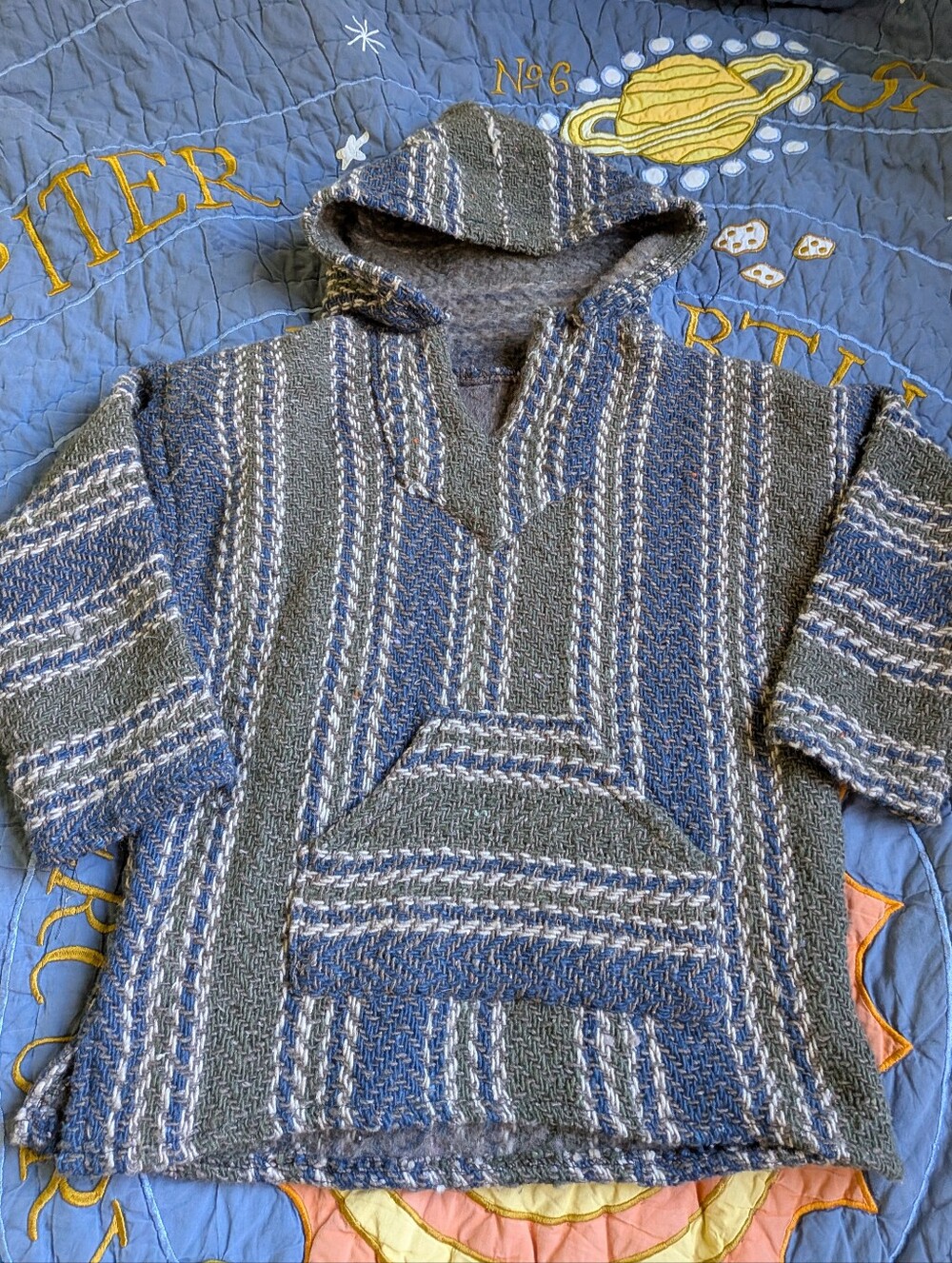 Vintage Style Fleece Lined Baja Hoodie Olive Green Blue Striped Small